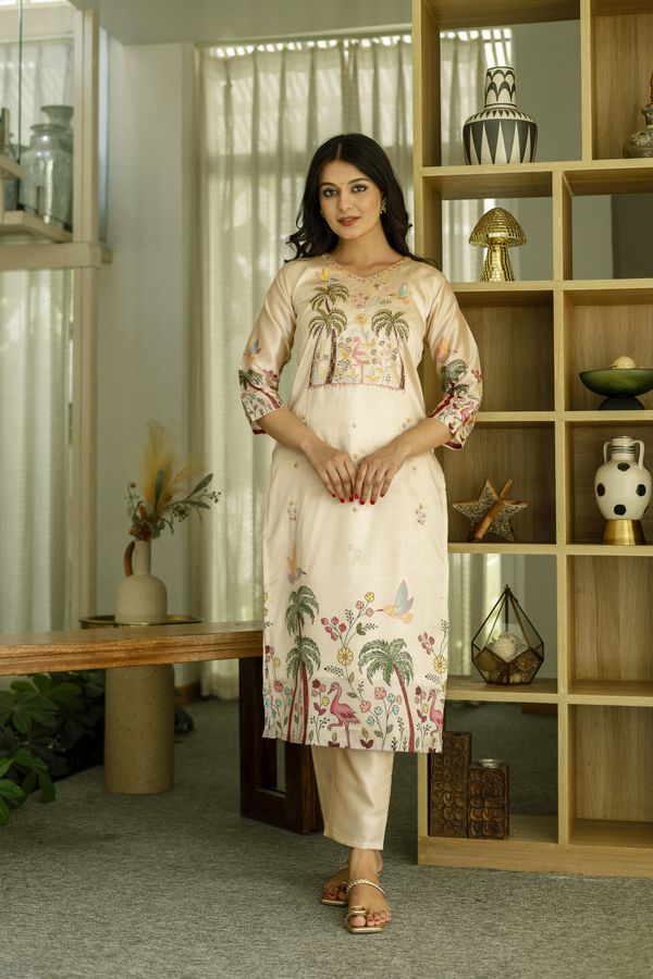 Cream Embroidered Silk Kurti Pant with Designer Dupatta