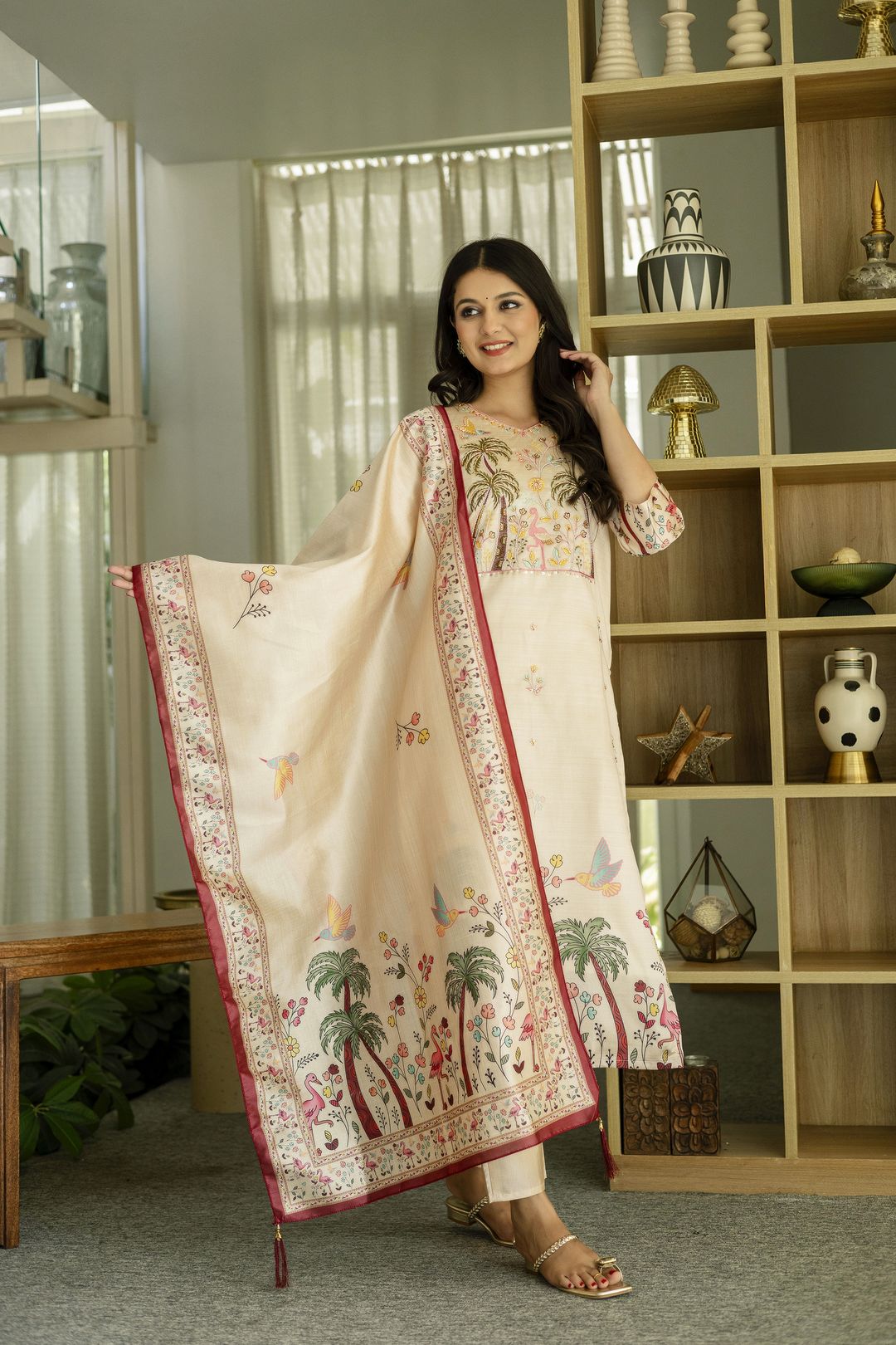 Cream Embroidered Silk Kurti Pant with Designer Dupatta