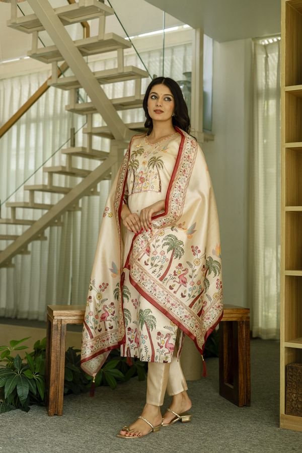 Cream Embroidered Silk Kurti Pant with Designer Dupatta