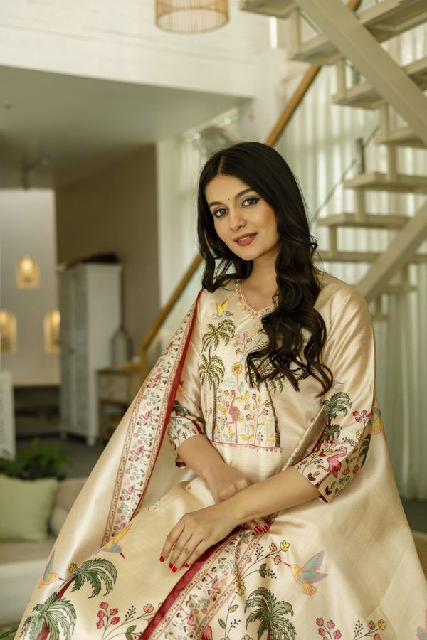 Cream Embroidered Silk Kurti Pant with Designer Dupatta