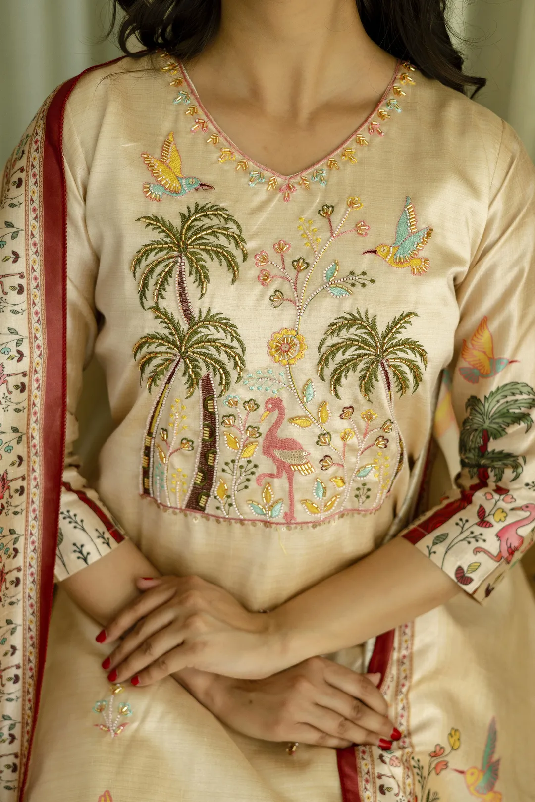 Cream Embroidered Silk Kurti Pant with Designer Dupatta