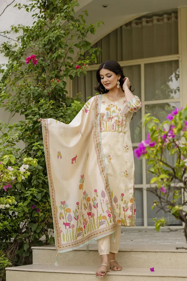 Cream Silk Embroidered Kurti Pant with Printed Dupatta