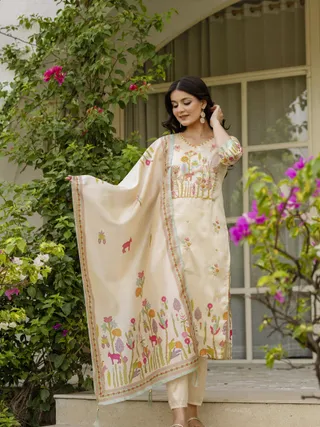 Cream Silk Embroidered Kurti Pant with Printed Dupatta