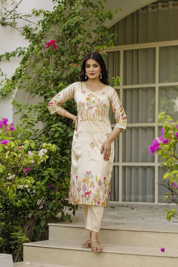 Cream Silk Embroidered Kurti Pant with Printed Dupatta