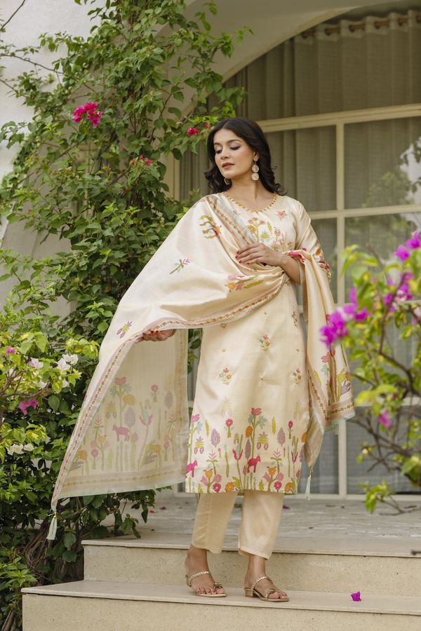 Cream Silk Embroidered Kurti Pant with Printed Dupatta