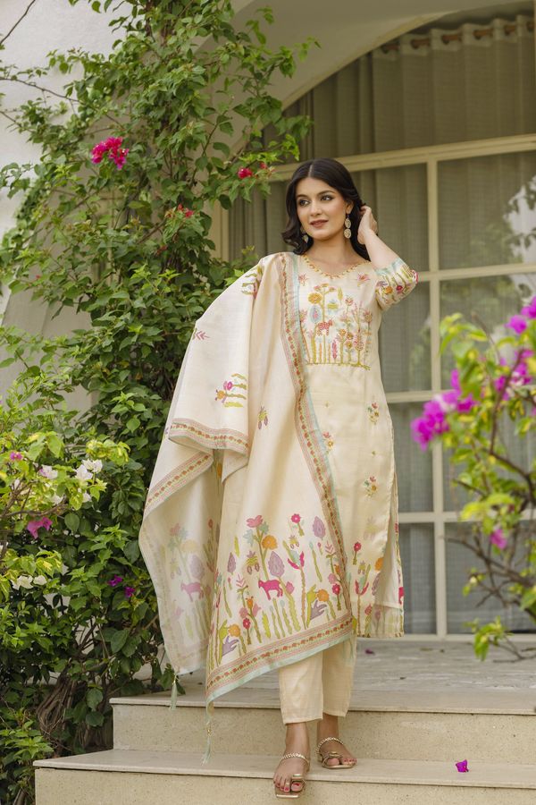 Cream Silk Embroidered Kurti Pant with Printed Dupatta