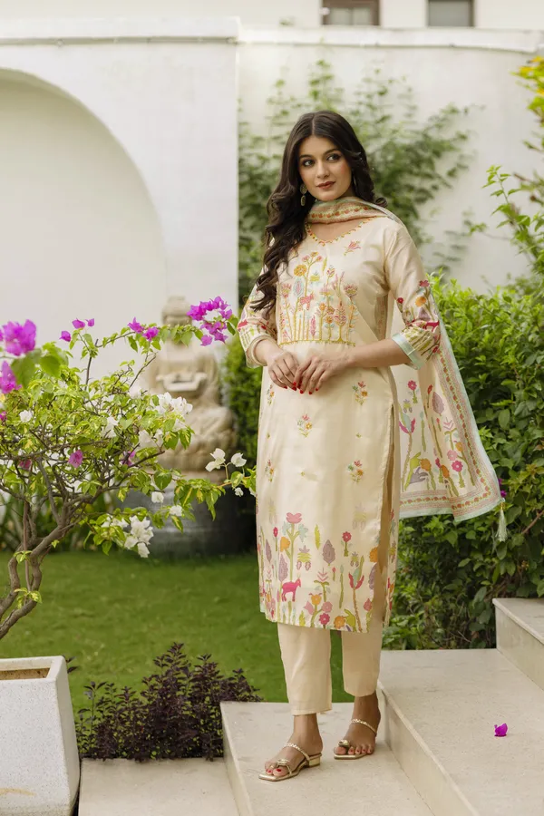 Cream Silk Embroidered Kurti Pant with Printed Dupatta