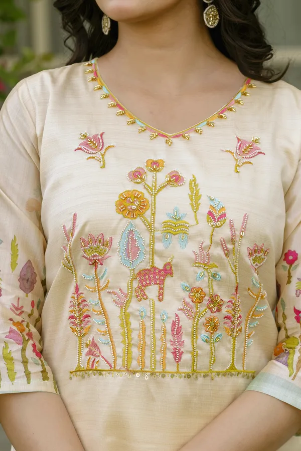 Cream Silk Embroidered Kurti Pant with Printed Dupatta