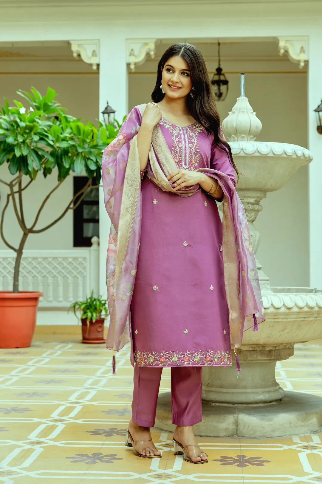 Mauve Embroidered Chanderi Silk Kurti Pant Dupatta