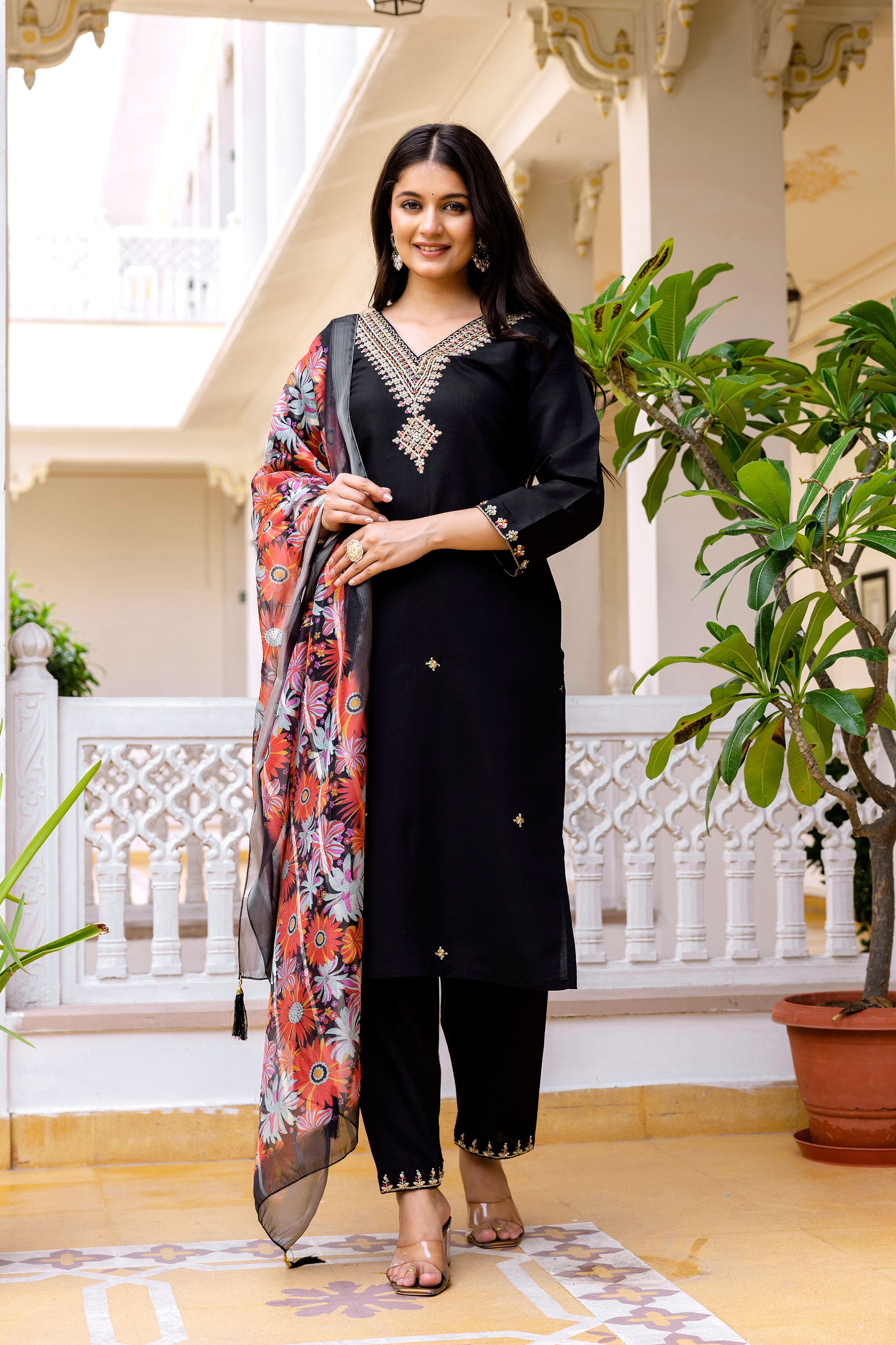 Embroidered black chanderi salwar suit