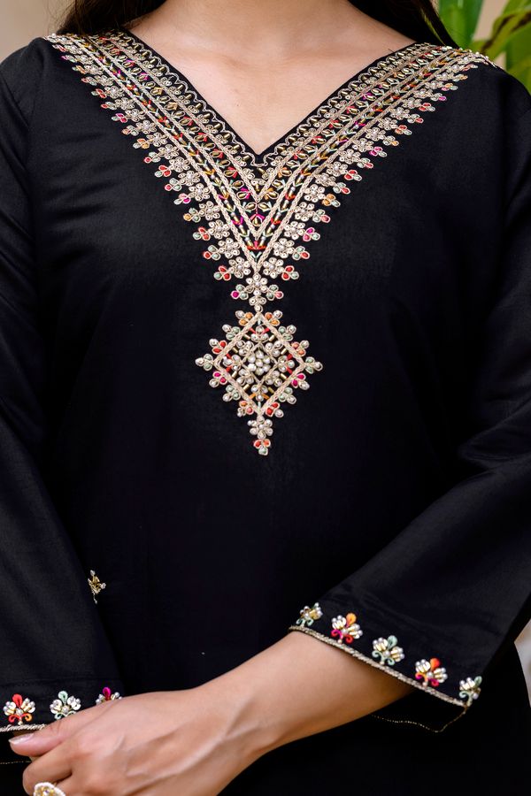 Black Embroidered Chanderi Kurti Pant Dupatta Set