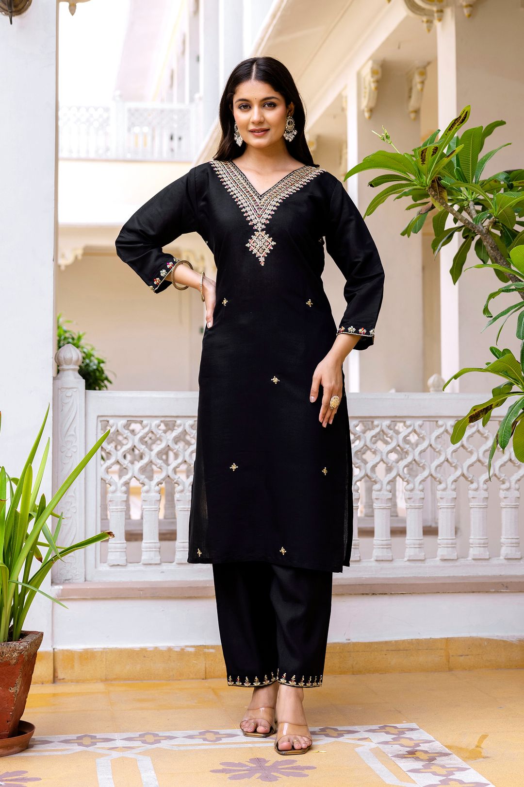 Black Embroidered Chanderi Kurti Pant Dupatta Set