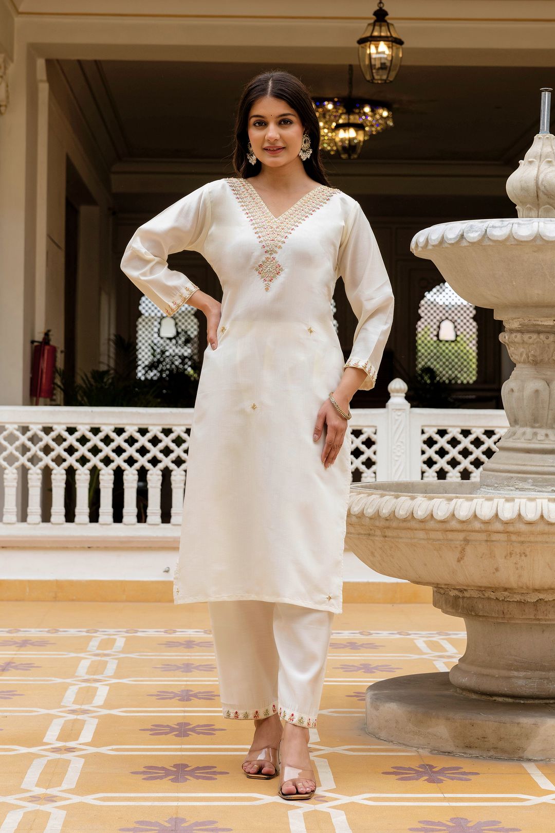 Cream Embroidered Chanderi Kurti Pant Dupatta Set