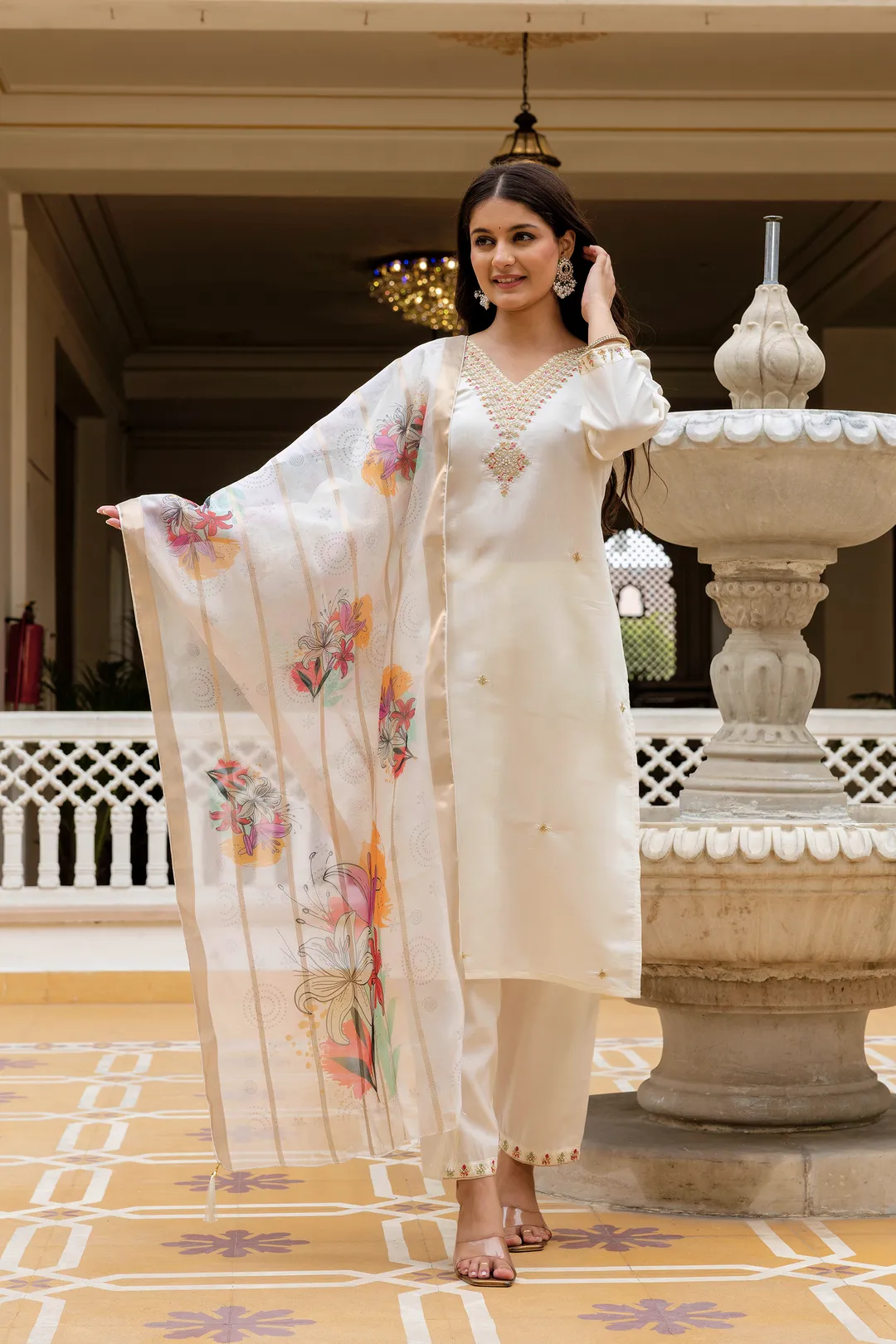 Cream Embroidered Chanderi Kurti Pant Dupatta Set