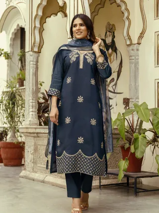 Navy Blue Embroidered Chanderi Kurti Pant Dupatta