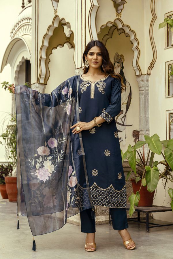 Navy Blue Embroidered Chanderi Kurti Pant Dupatta