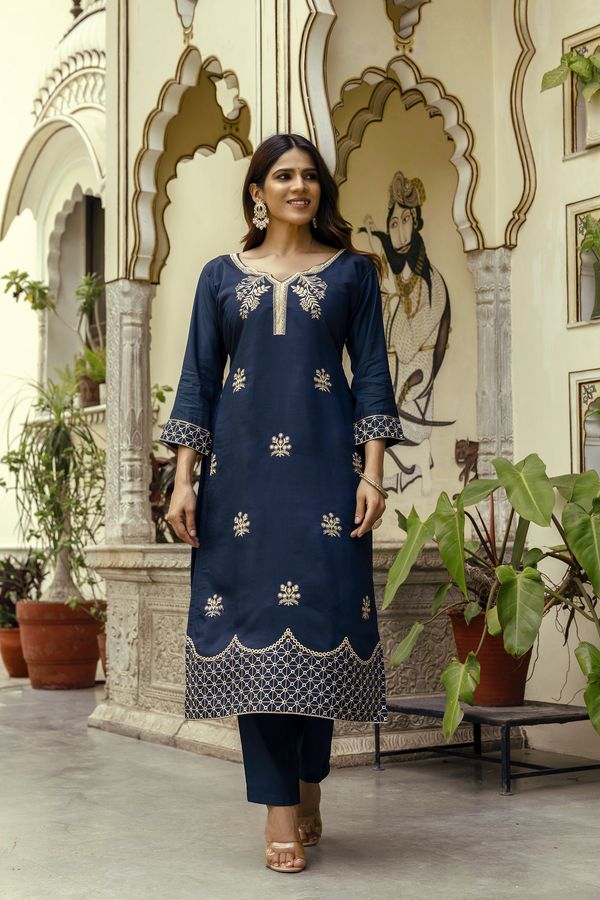 Navy Blue Embroidered Chanderi Kurti Pant Dupatta