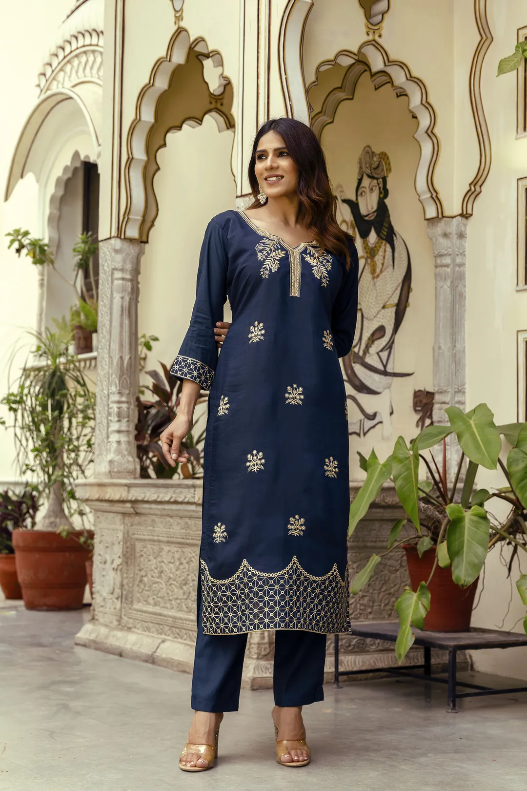 Navy Blue Embroidered Chanderi Kurti Pant Dupatta