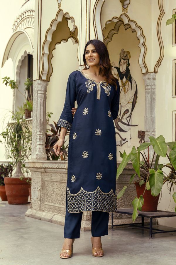 Navy Blue Embroidered Chanderi Kurti Pant Dupatta