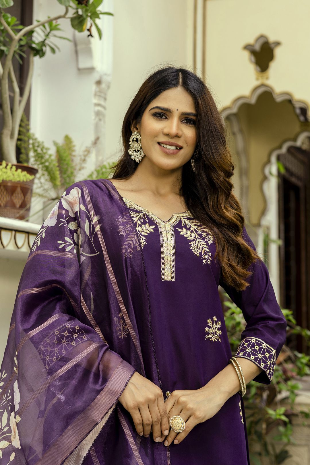 Wine Embroidered Chanderi Kurti Pant Dupatta Set