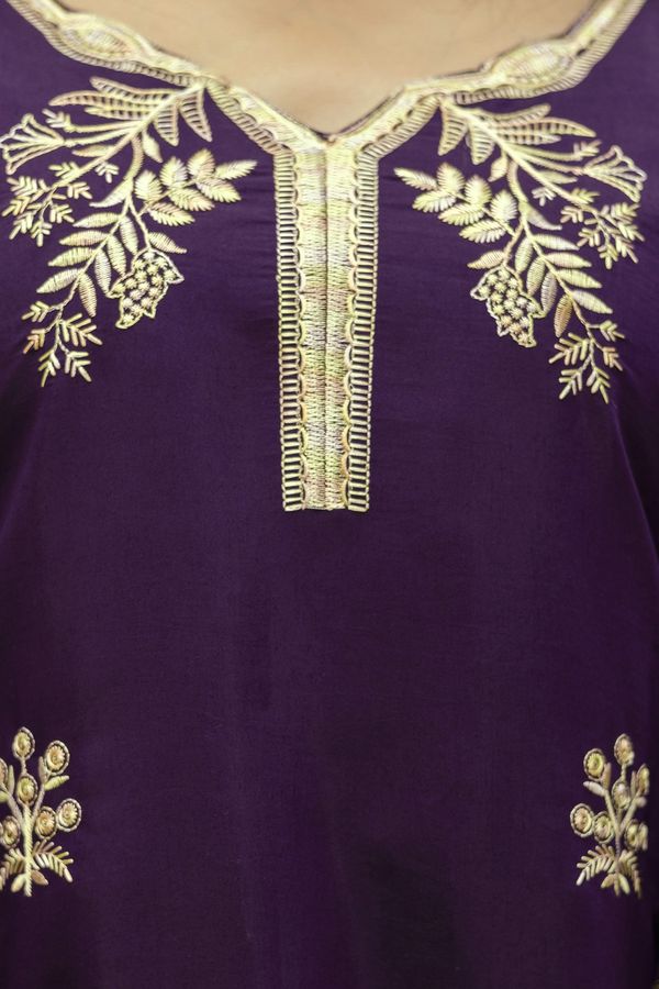 Wine Embroidered Chanderi Kurti Pant Dupatta Set