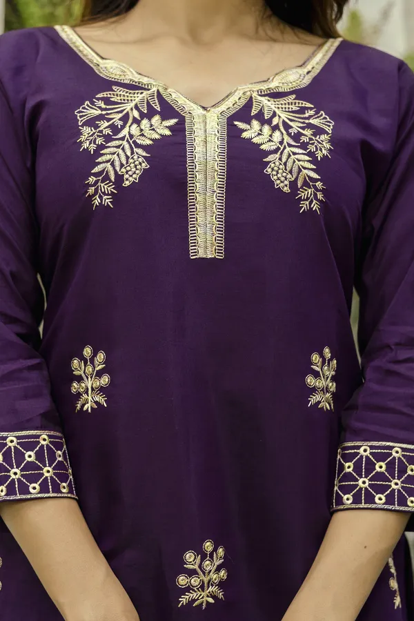 Wine Embroidered Chanderi Kurti Pant Dupatta Set