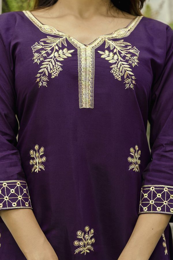 Wine Embroidered Chanderi Kurti Pant Dupatta Set