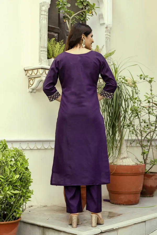 Wine Embroidered Chanderi Kurti Pant Dupatta Set