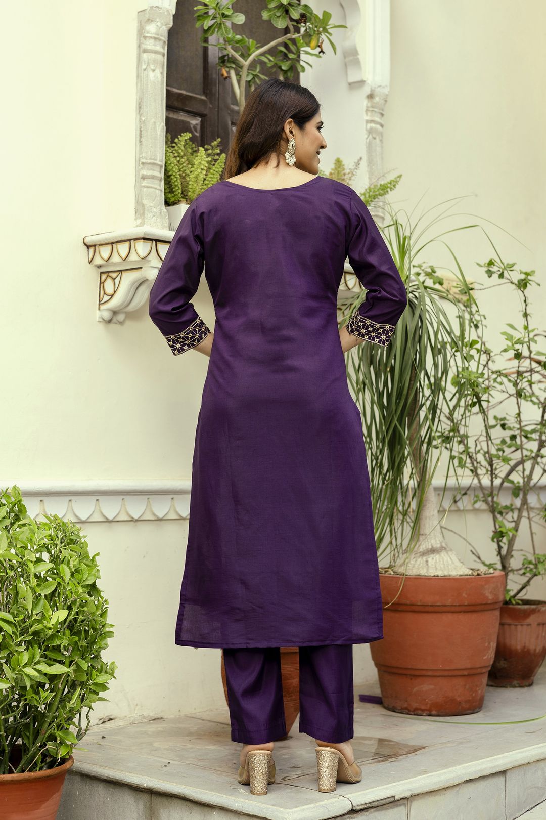 Wine Embroidered Chanderi Kurti Pant Dupatta Set