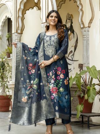 Navy Floral Woven Chanderi Kurti Pant Dupatta Set