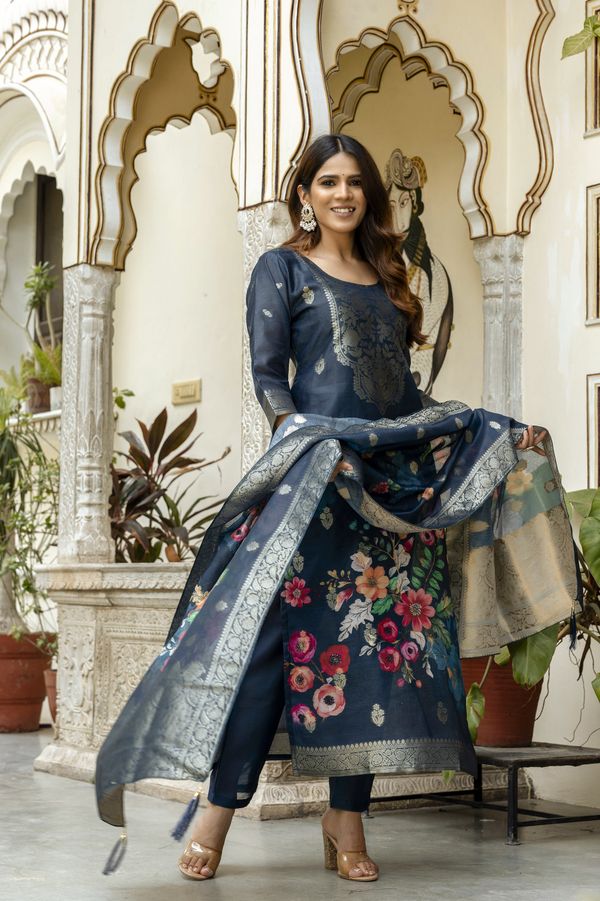 Navy Floral Woven Chanderi Kurti Pant Dupatta Set