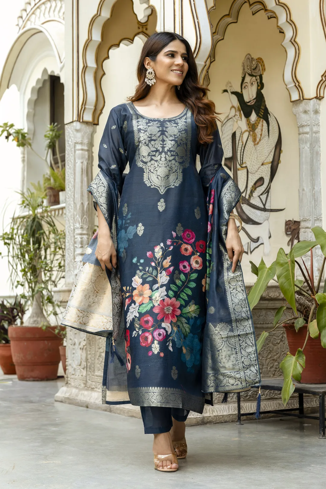 Navy Floral Woven Chanderi Kurti Pant Dupatta Set