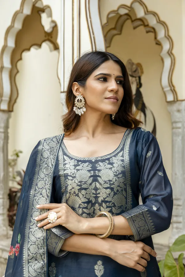 Navy Floral Woven Chanderi Kurti Pant Dupatta Set