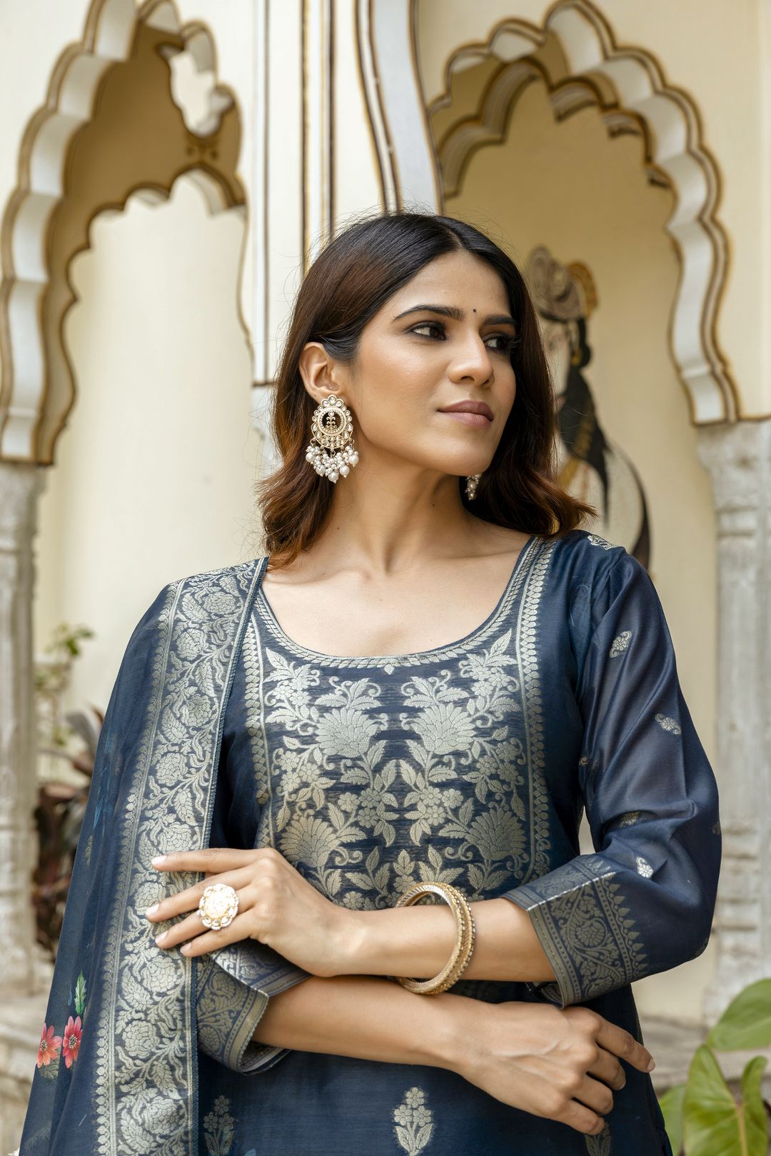 Navy Floral Woven Chanderi Kurti Pant Dupatta Set