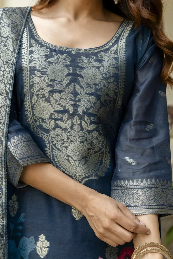 Navy Floral Woven Chanderi Kurti Pant Dupatta Set