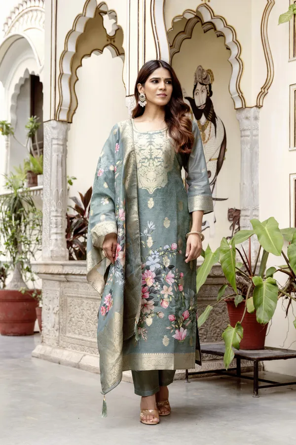 Sage Green Floral Woven Chanderi Kurti Set Women