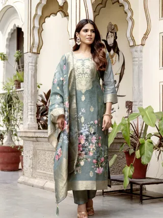 Sage Green Floral Woven Chanderi Kurti Set Women