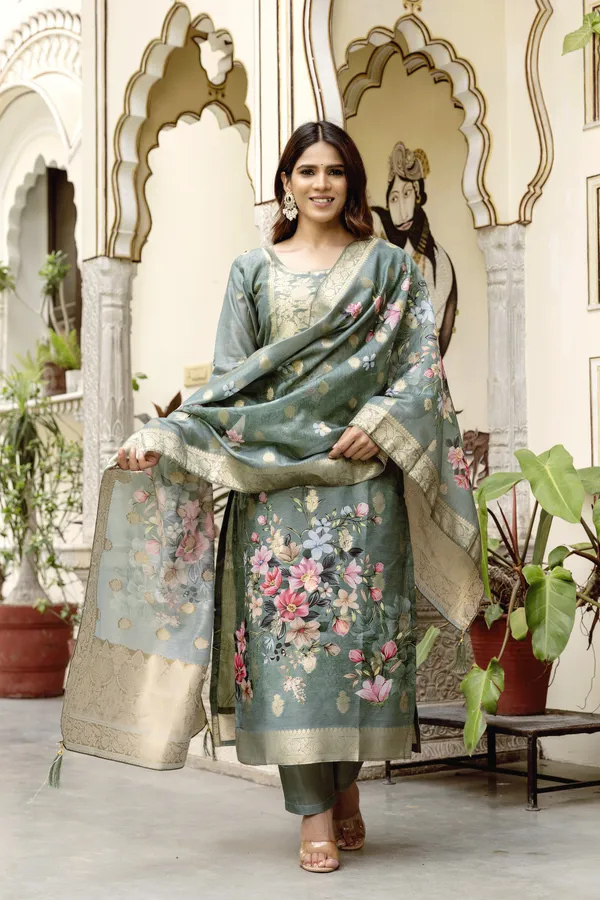 Sage Green Floral Woven Chanderi Kurti Set Women