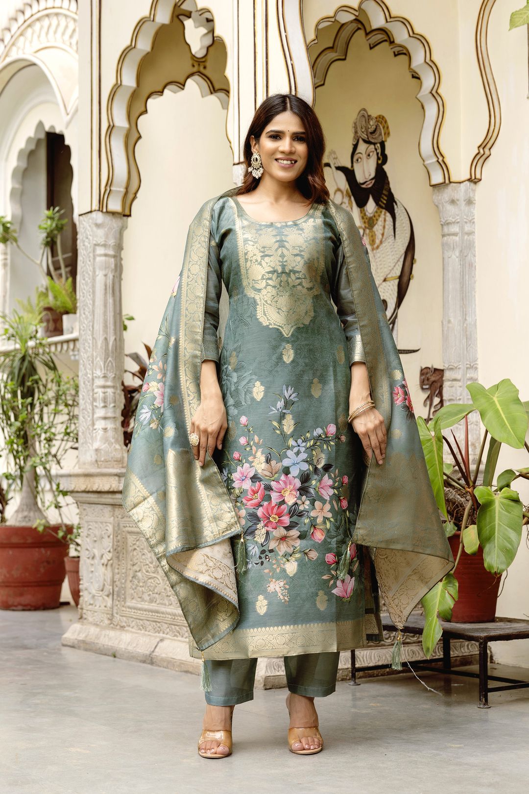 Sage Green Floral Woven Chanderi Kurti Set Women
