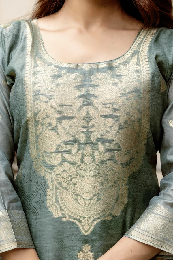 Sage Green Floral Woven Chanderi Kurti Set Women