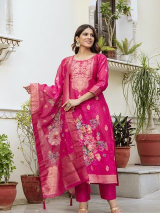 Rani Pink Floral Woven Chanderi Kurti Set Women