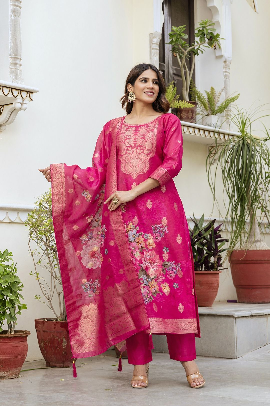 Rani Pink Floral Woven Chanderi Kurti Set Women