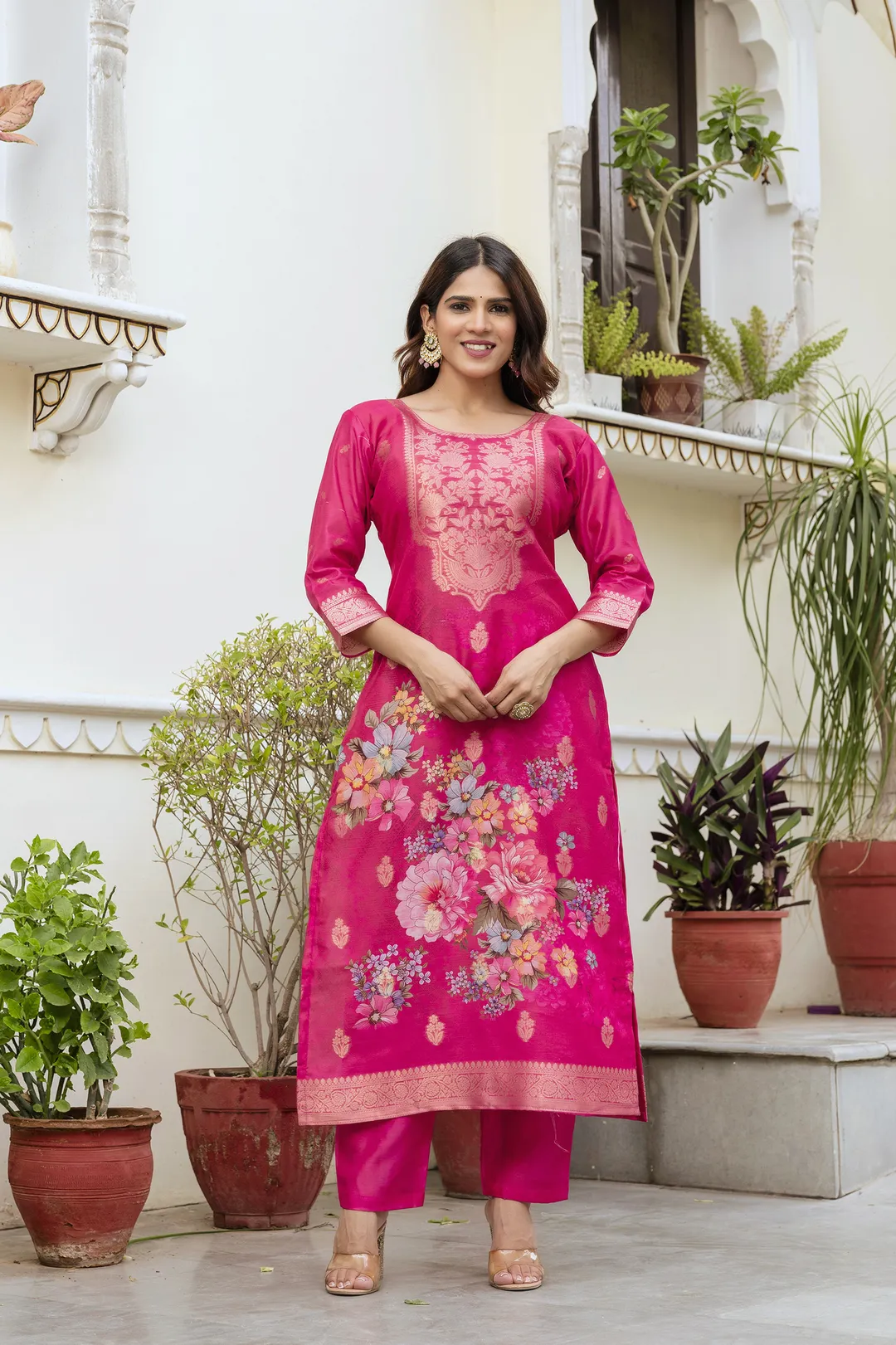 Rani Pink Floral Woven Chanderi Kurti Set Women