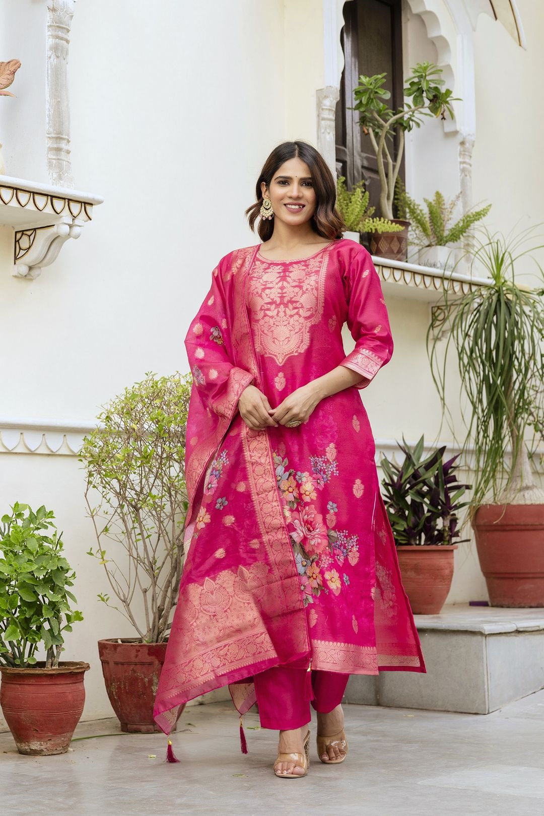Rani Pink Floral Woven Chanderi Kurti Set Women