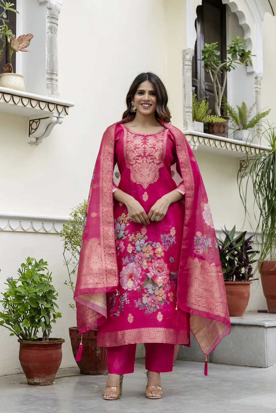 Rani Pink Floral Woven Chanderi Kurti Set Women