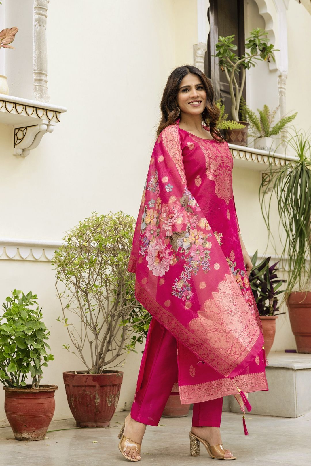 Rani Pink Floral Woven Chanderi Kurti Set Women