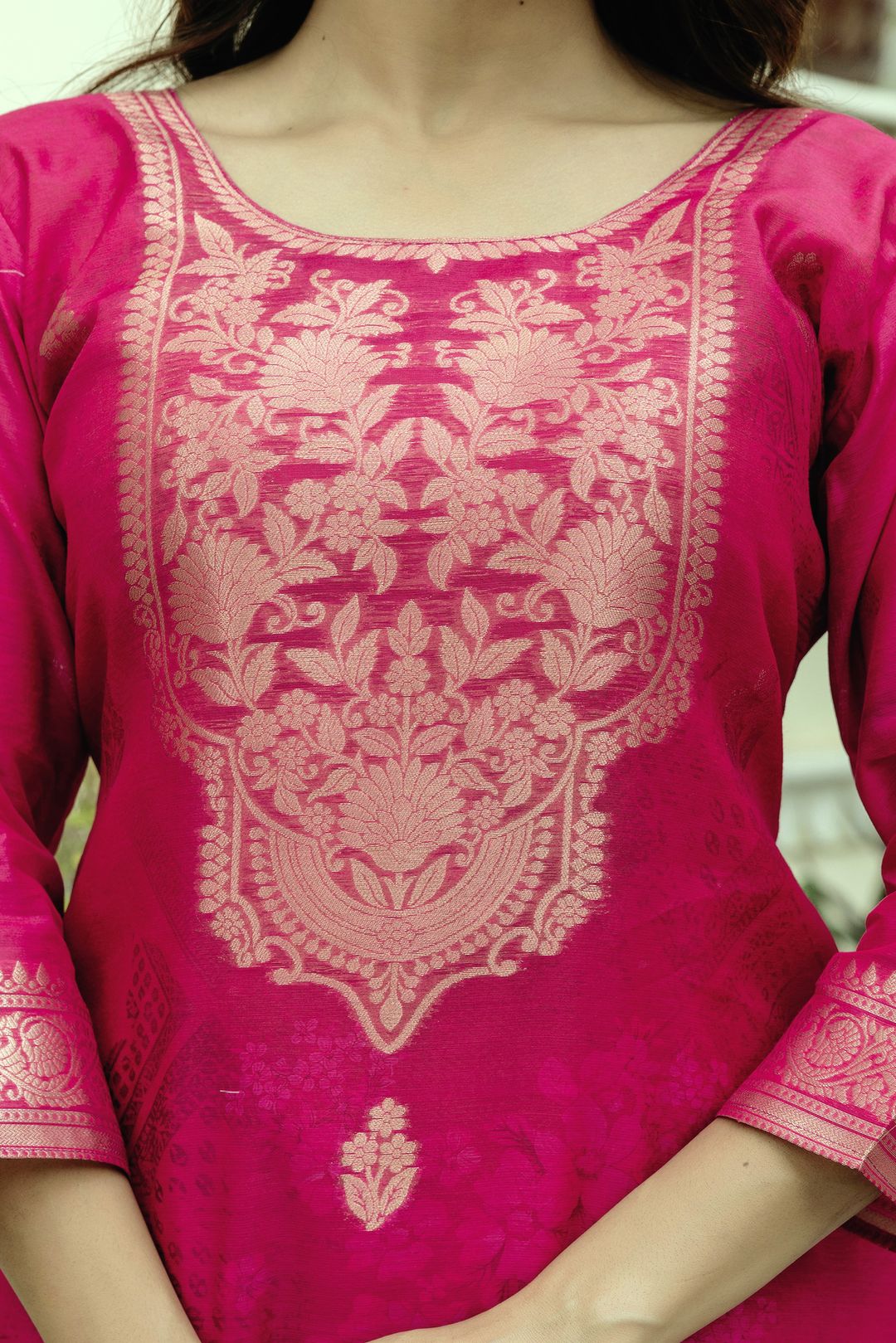 Rani Pink Floral Woven Chanderi Kurti Set Women
