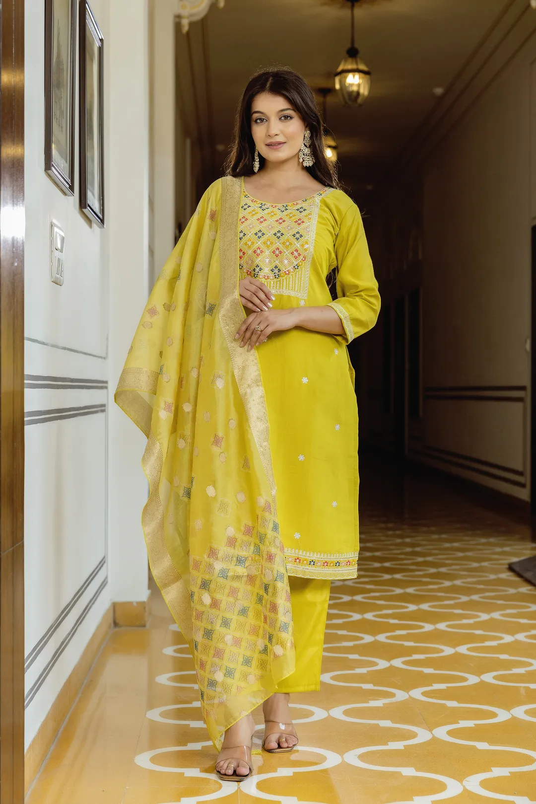 Sunshine Yellow Embroidered Kurti Set with Dupatta