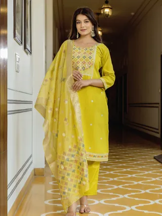 Sunshine Yellow Embroidered Kurti Set with Dupatta