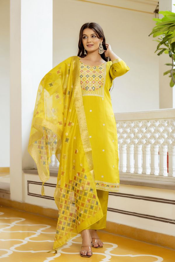 Sunshine Yellow Embroidered Kurti Set with Dupatta